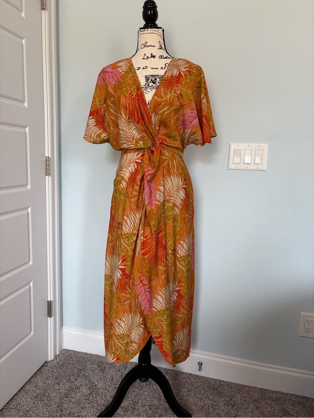 Orange Tropical Twist Waist Maxi Dress with Orange and Pink Leaf Print